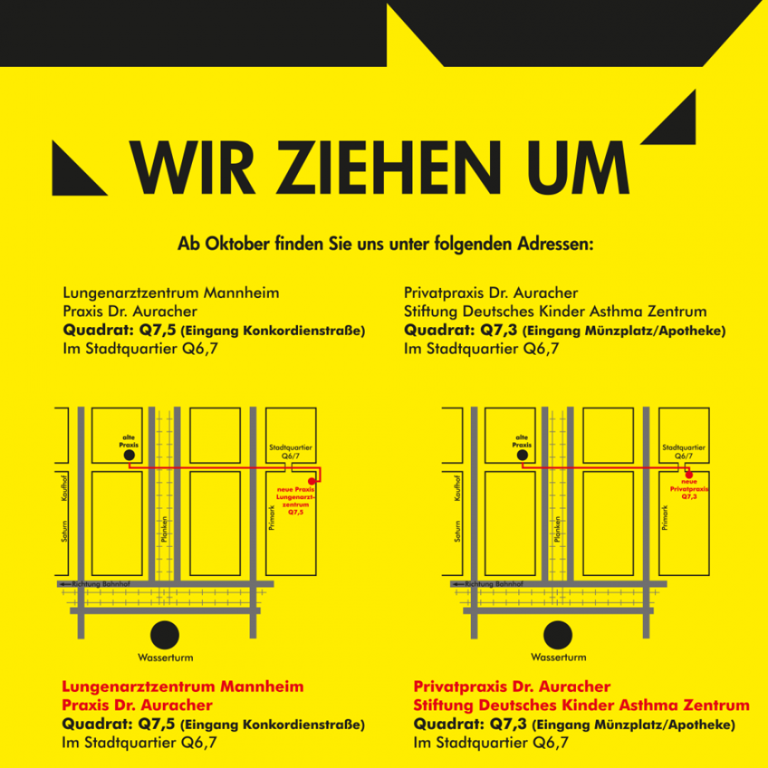 Wir ziehen um! Lungenarztzentrum Mannheim nun im Quadrat Q7,5 (Eingang Konkordienstraße), Privatpraxis und Stiftung: Quadrat Q7,3 (Eingang Münzplatz/Apotheke)